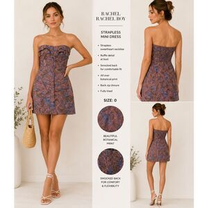 Rachel Roy Pink Blue Tropical Linen Blend Pleated Strapless Mini Sheath Dress 0